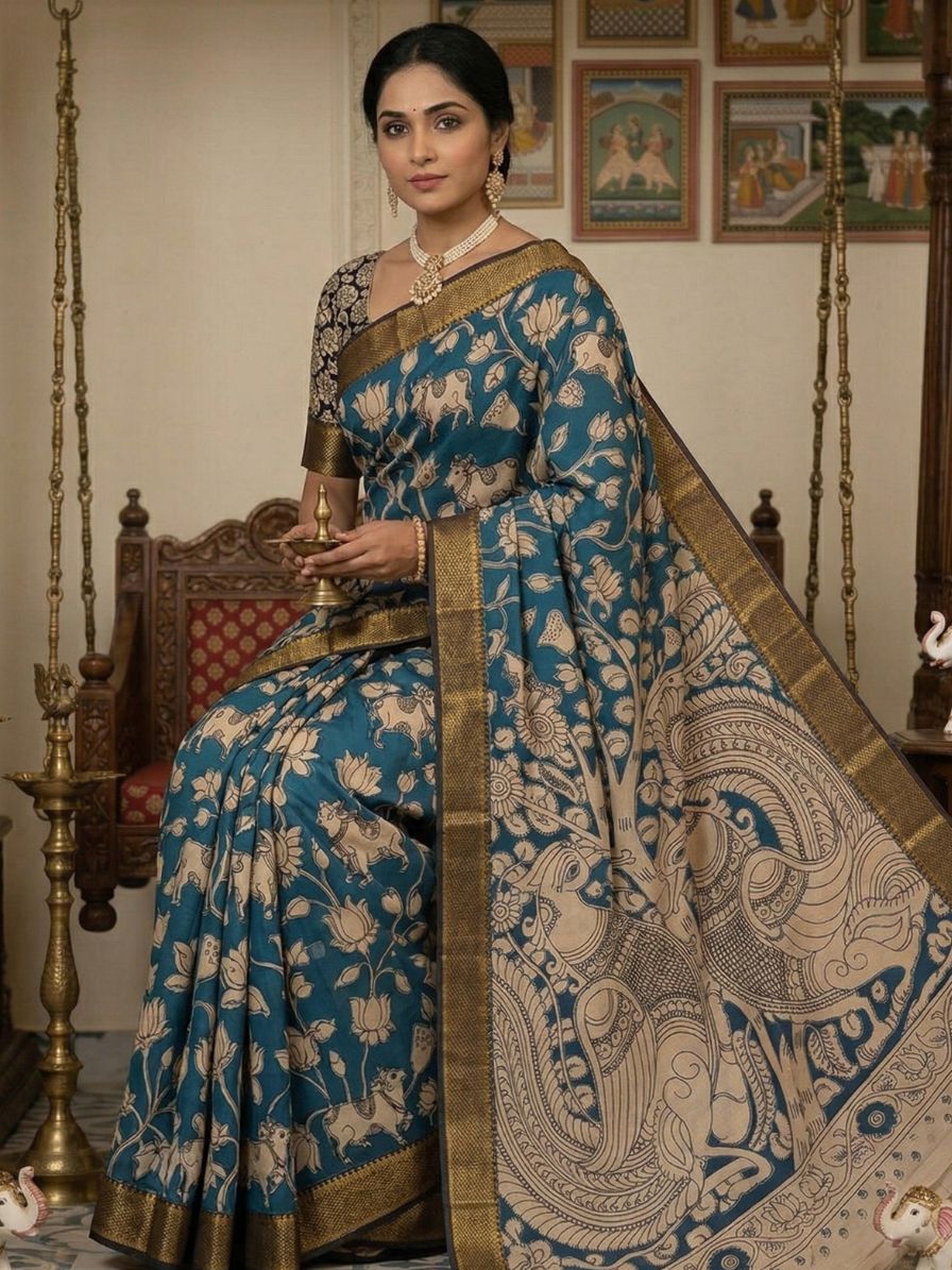 Kalamkari Nizam Border Shyam Blue Floral Printed Saree