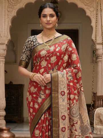 Kalamkari Nizam Border Red Pichwai Saree