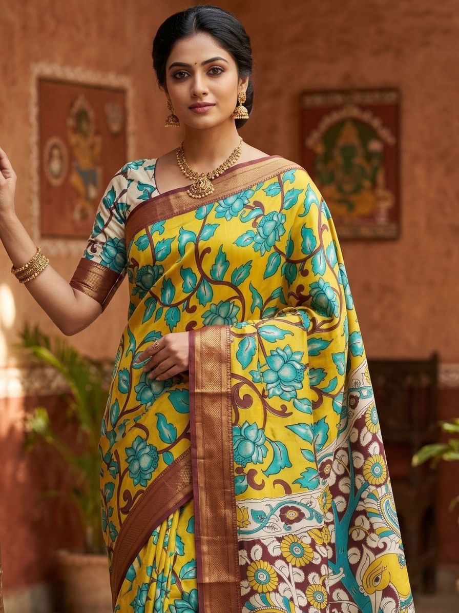Bright Yellow Kanchi Border Kalamkari Screen Printed Chennur Silk saree - Banthi