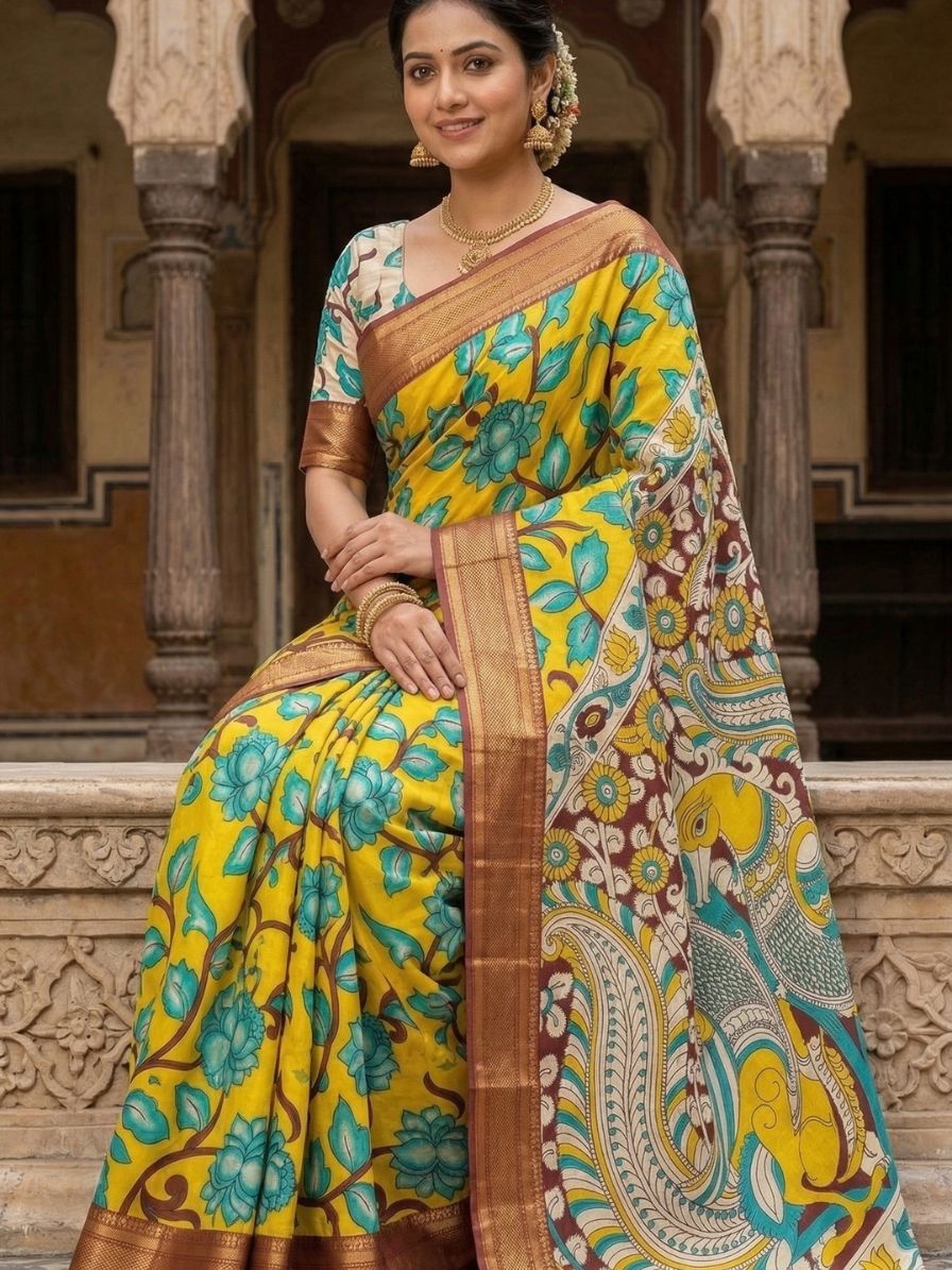 Bright Yellow Kanchi Border Kalamkari Screen Printed Chennur Silk saree - Banthi
