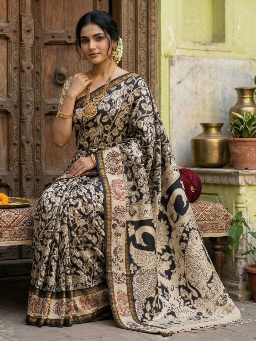 Twin Border Black & White Floral Kalamkari Screen Printed Chennur Silk saree - Judwa