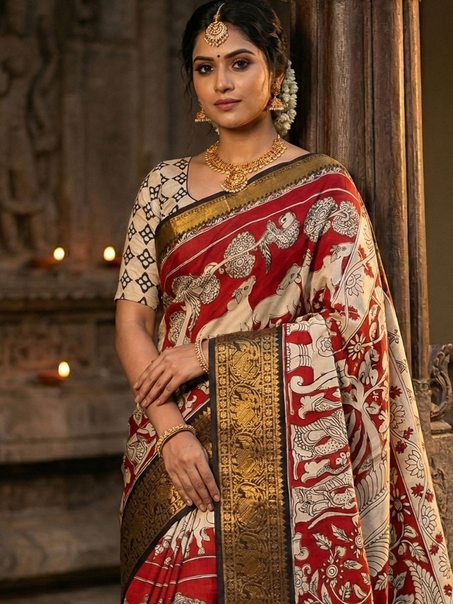 Kalamkari Chennur silk 7 Inch Kanchi border saree - Red Gatha