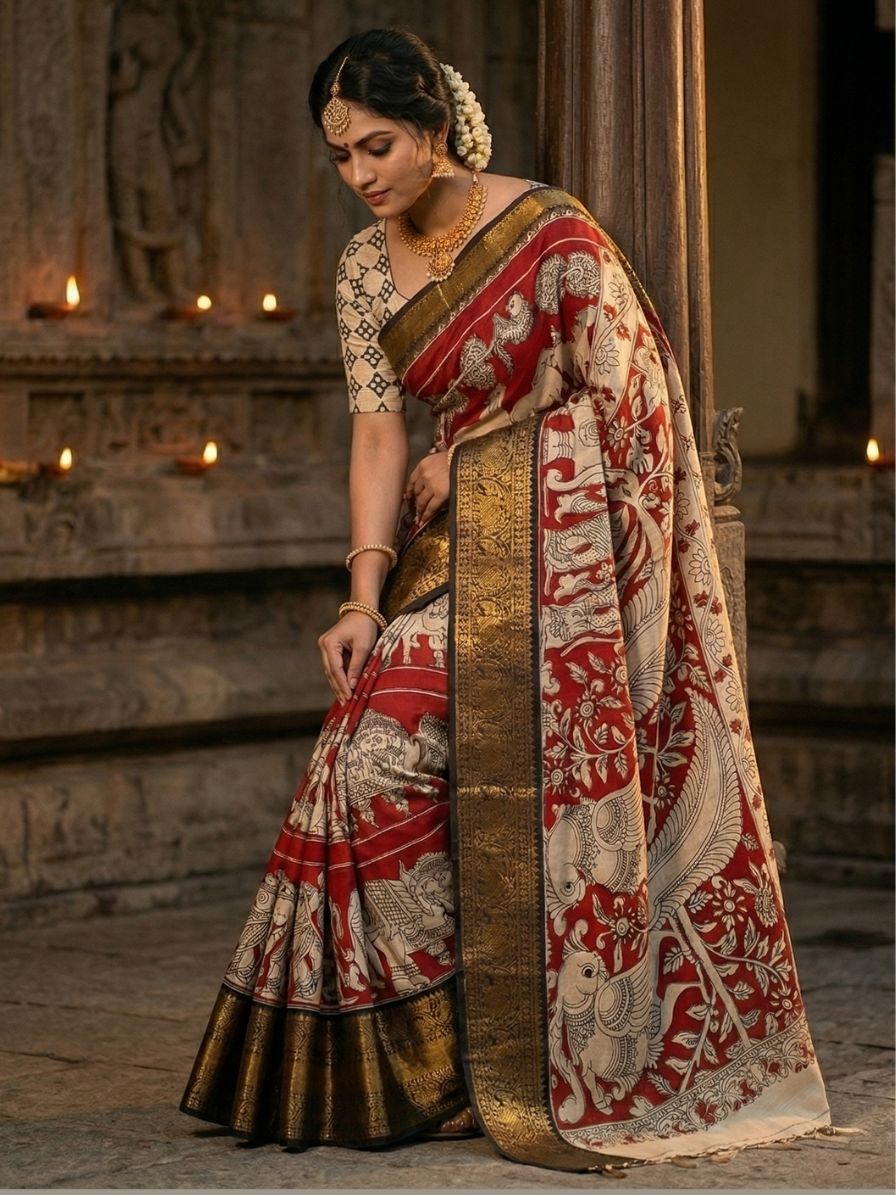 Kalamkari Chennur silk 7 Inch Kanchi border saree - Red Gatha