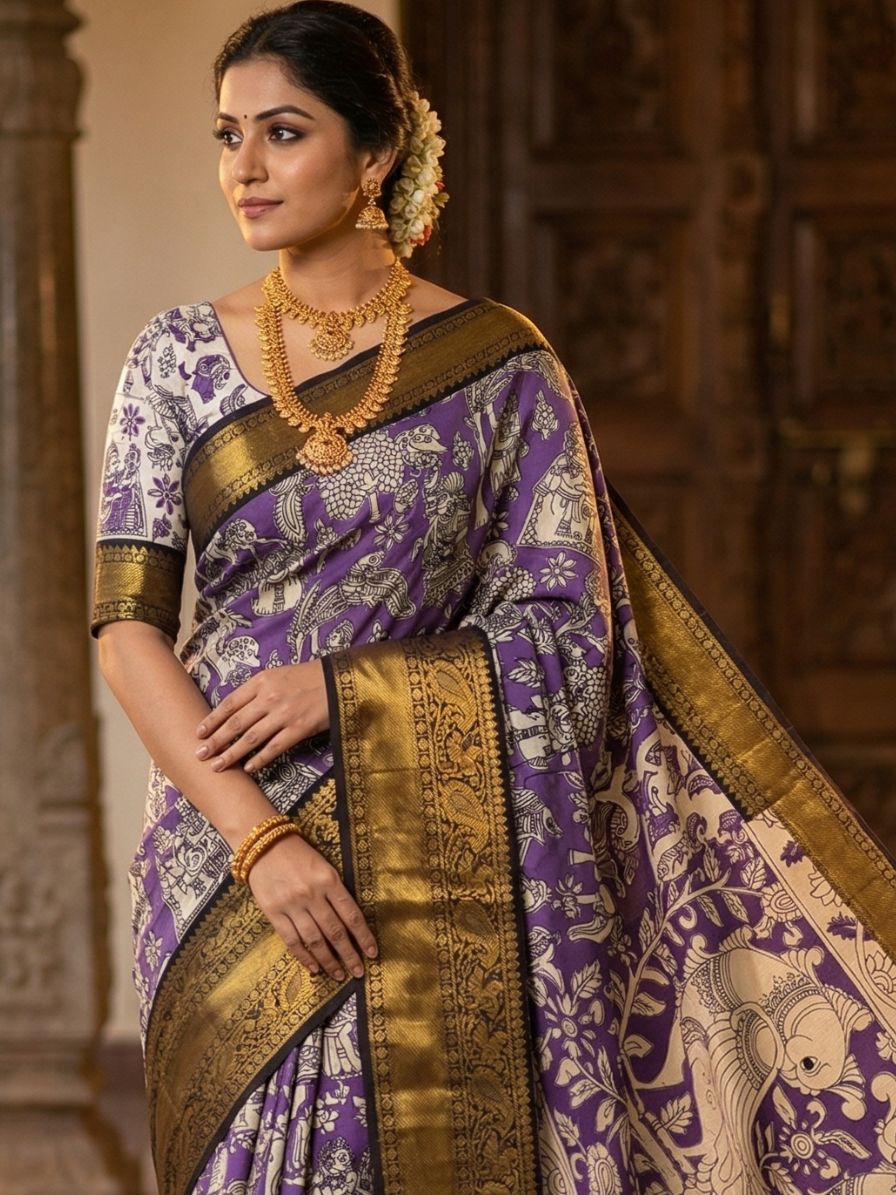 Kalamkari Chennur silk 7 Inch Kanchi border saree - Purple Village