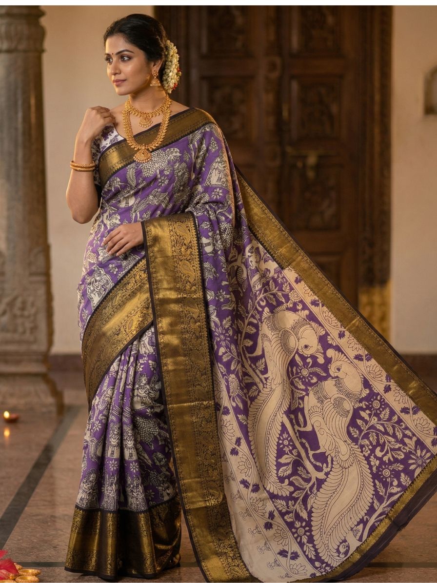 Kalamkari Chennur silk 7 Inch Kanchi border saree - Purple Village