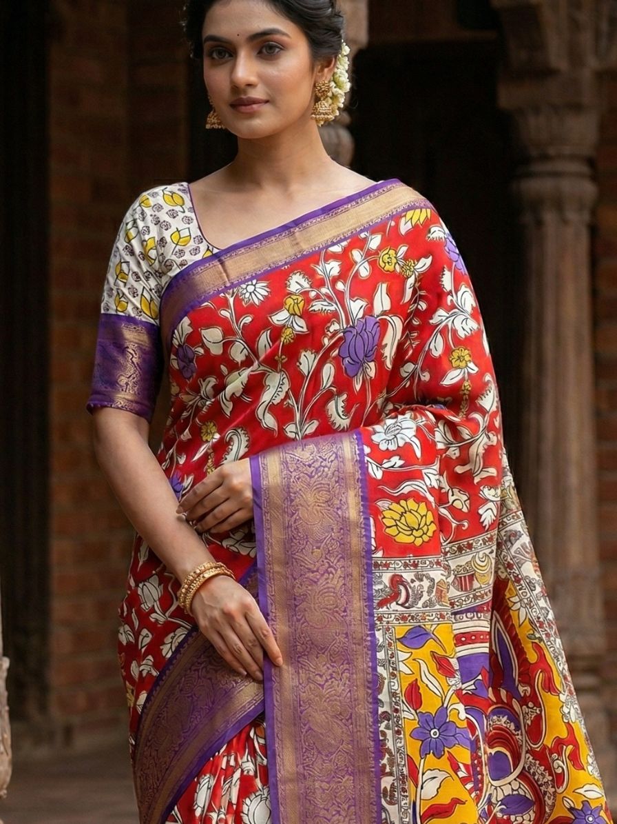 Kalamkari Chennur silk 7 Inch Kanchi border saree - Red & Purple