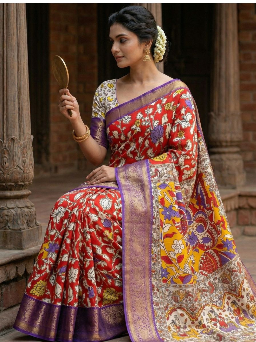 Kalamkari Chennur silk 7 Inch Kanchi border saree - Red & Purple