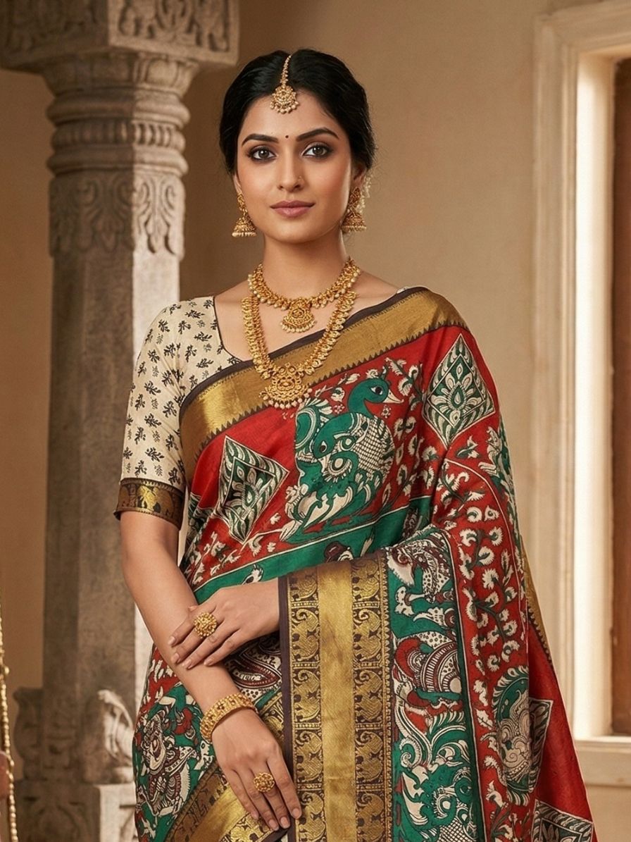 Red & Green Kanchi Border Kalamkari Screen Printed Chennur Silk saree - Ramani