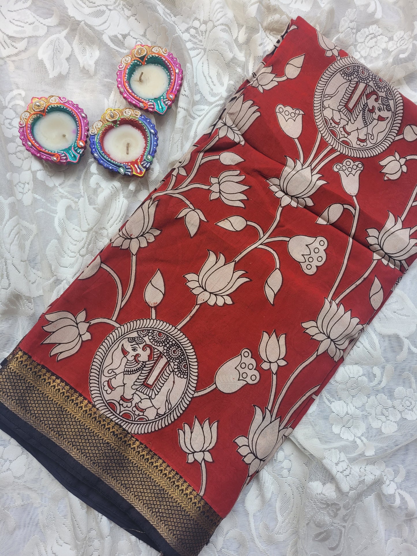 Kalamkari Nizam Border Red Floral Printed Saree