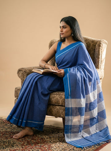 Royal Blue Patteda Anchu Handloom Cotton Saree – Silver Striped Border