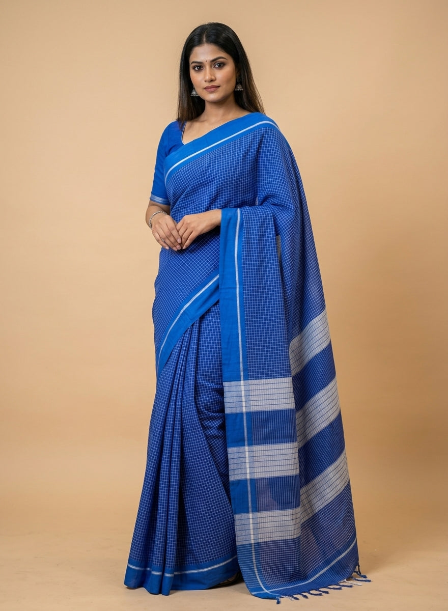 Royal Blue Patteda Anchu Handloom Cotton Saree – Silver Striped Border