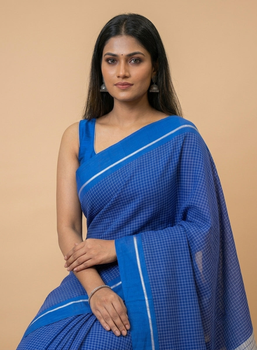 Royal Blue Patteda Anchu Handloom Cotton Saree – Silver Striped Border