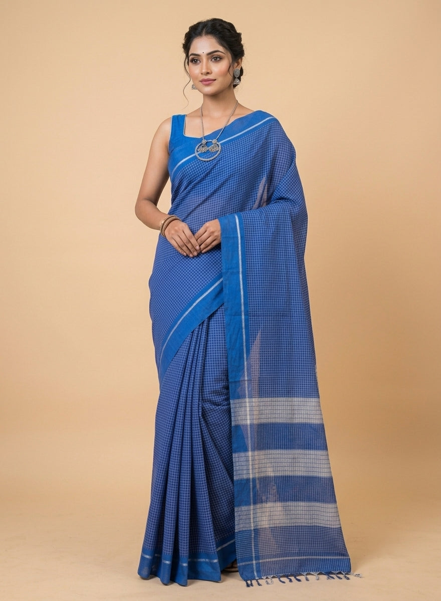Royal Blue Patteda Anchu Handloom Cotton Saree – Silver Striped Border
