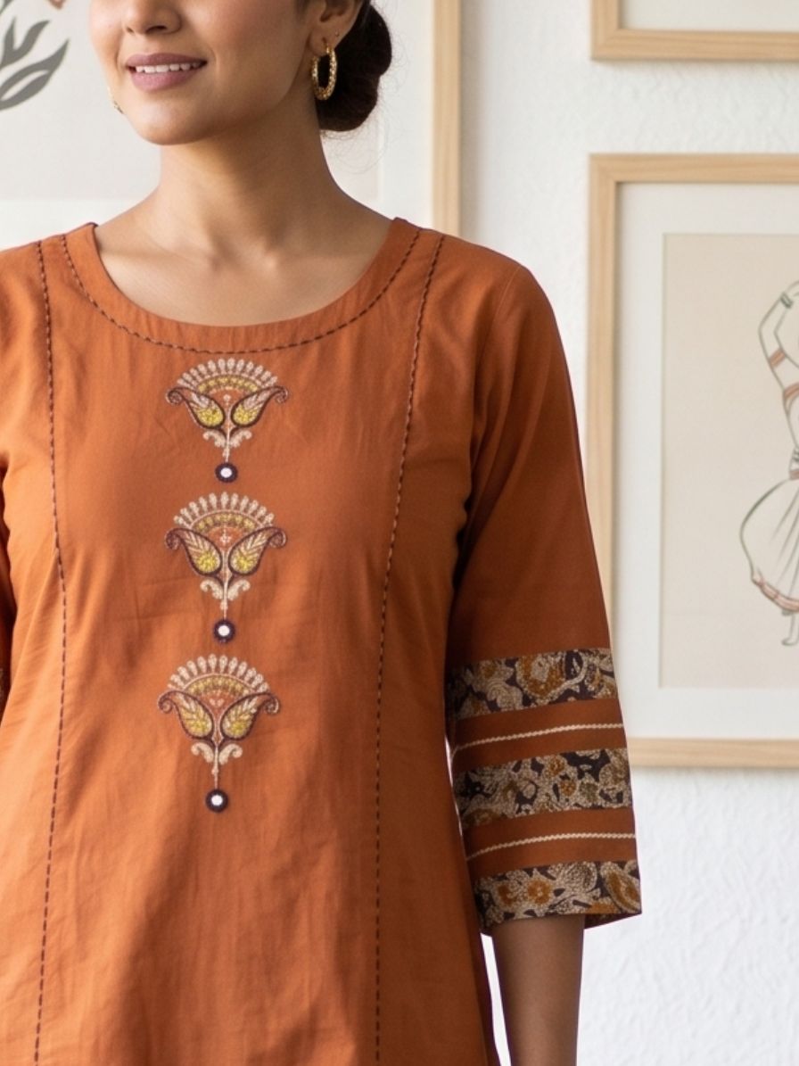 Kalamkari panel patch work kurta set - Rust Orange (set of 2pcs)