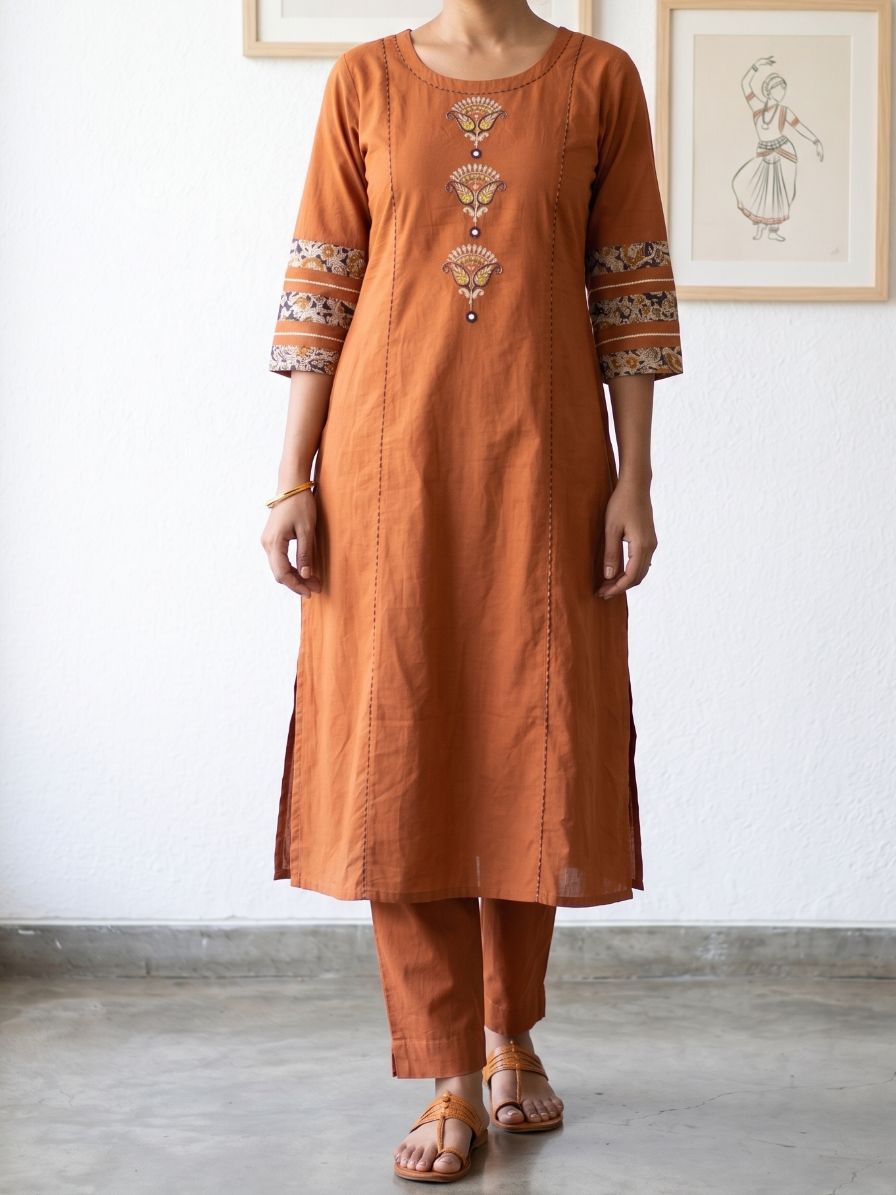 Kalamkari panel patch work kurta set - Rust Orange (set of 2pcs)