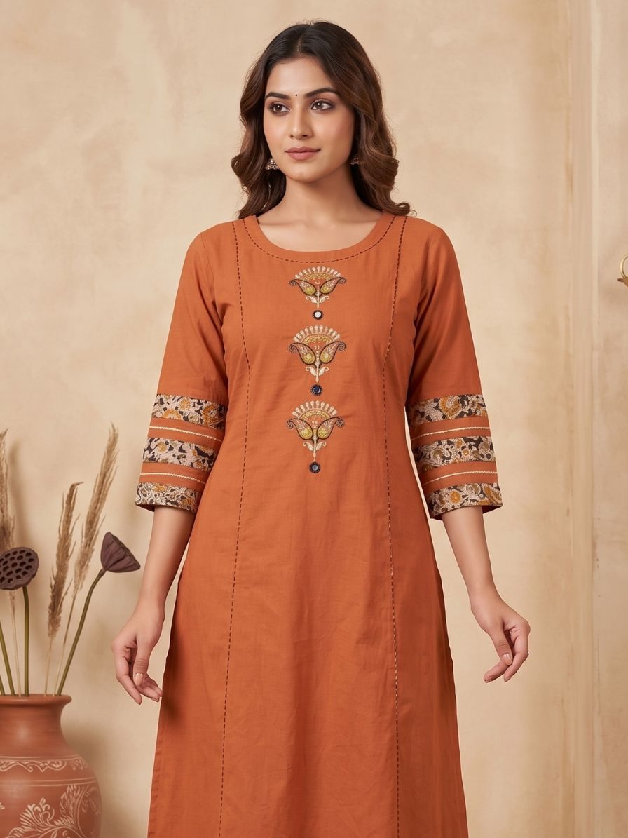 Kalamkari panel patch work kurta set - Rust Orange (set of 2pcs)