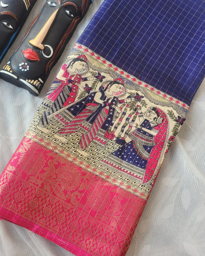 Semi Dola Silk Digital Printed Madhubani Border Saree - Blue Body & Pink Border