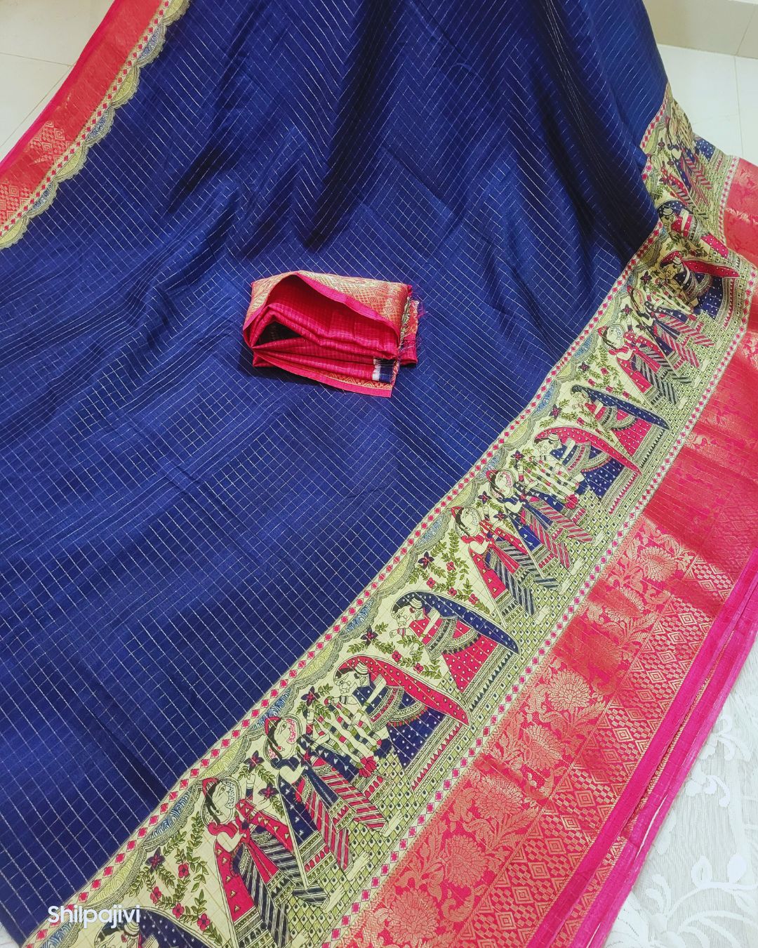 Semi Dola Silk Digital Printed Madhubani Border Saree - Blue Body & Pink Border