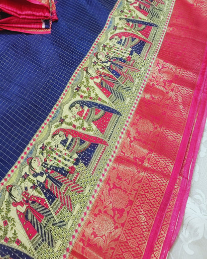 Semi Dola Silk Digital Printed Madhubani Border Saree - Blue Body & Pink Border