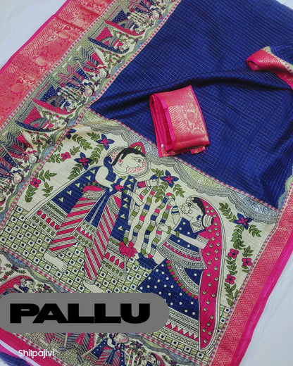 Semi Dola Silk Digital Printed Madhubani Border Saree - Blue Body & Pink Border