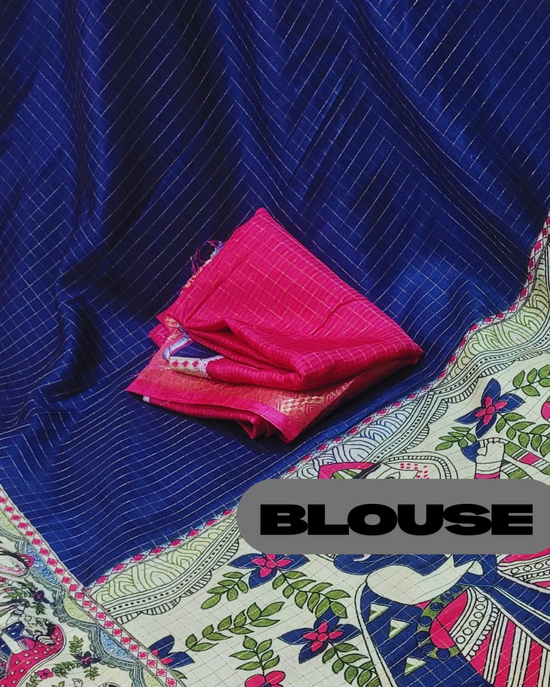 Semi Dola Silk Digital Printed Madhubani Border Saree - Blue Body & Pink Border