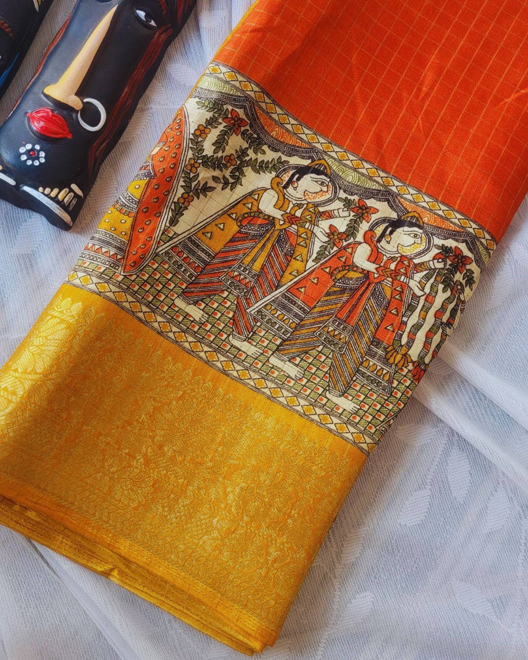 Semi Dola Silk Madhubani Digital Printed Saree - Orange & Yellow
