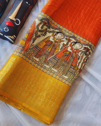 Semi Dola Silk Madhubani Digital Printed Saree - Orange & Yellow