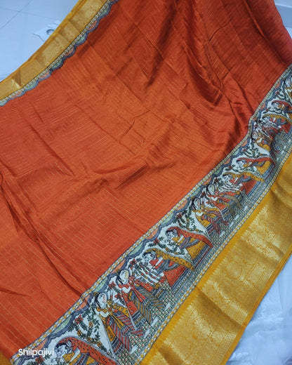 Semi Dola Silk Madhubani Digital Printed Saree - Orange & Yellow