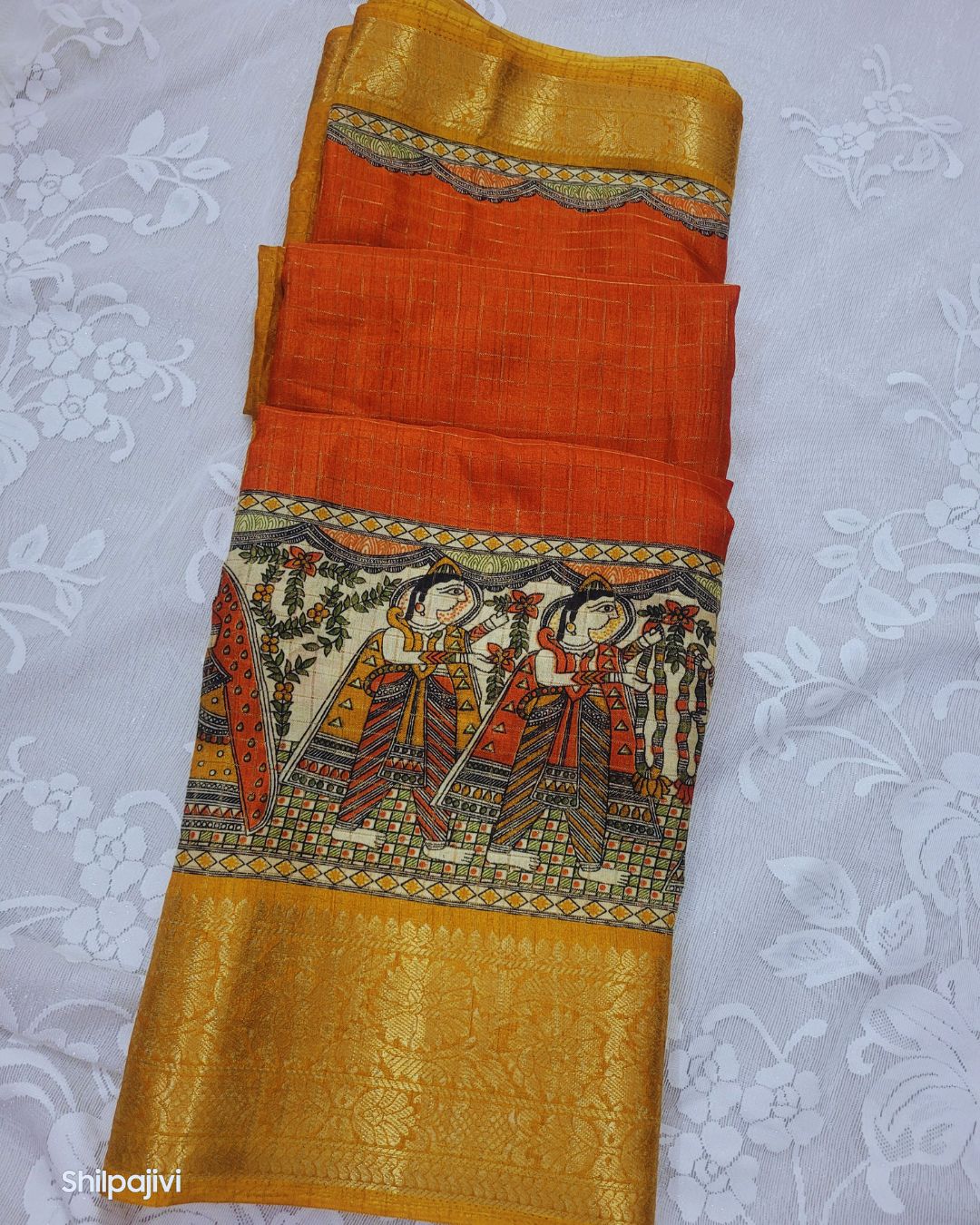 Semi Dola Silk Madhubani Digital Printed Saree - Orange & Yellow