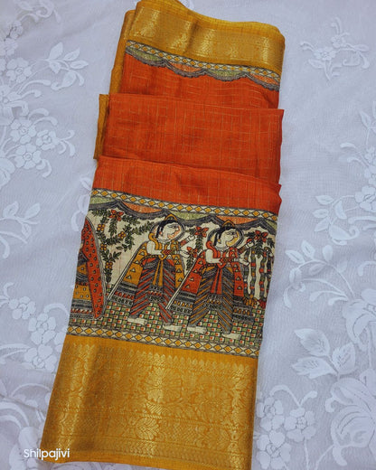 Semi Dola Silk Madhubani Digital Printed Saree - Orange & Yellow