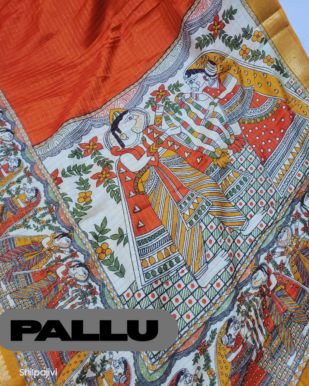 Semi Dola Silk Madhubani Digital Printed Saree - Orange & Yellow