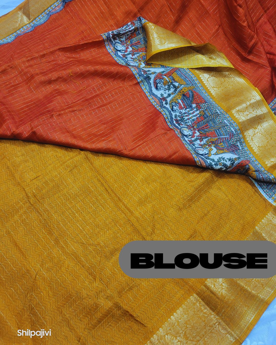 Semi Dola Silk Madhubani Digital Printed Saree - Orange & Yellow