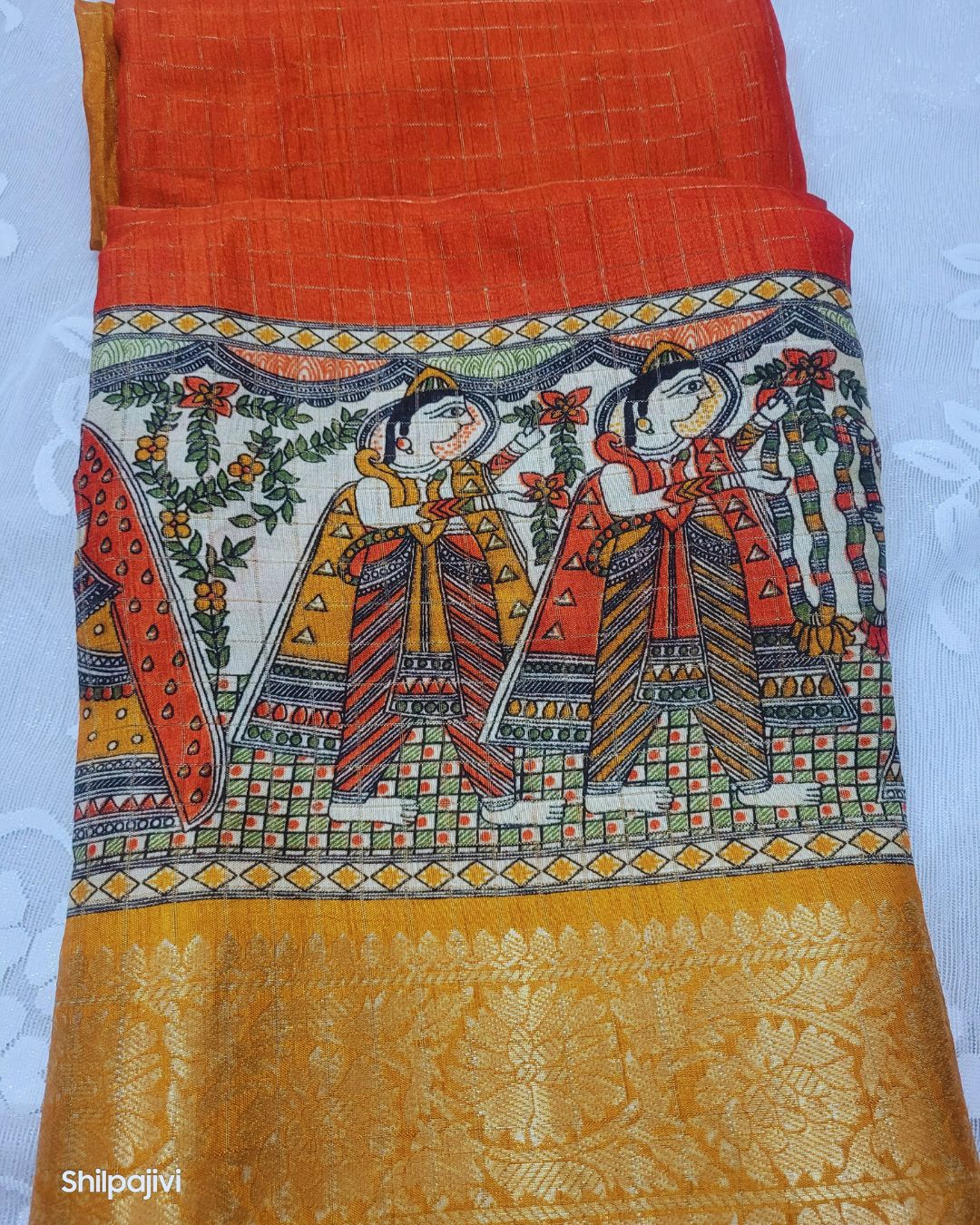 Semi Dola Silk Madhubani Digital Printed Saree - Orange & Yellow