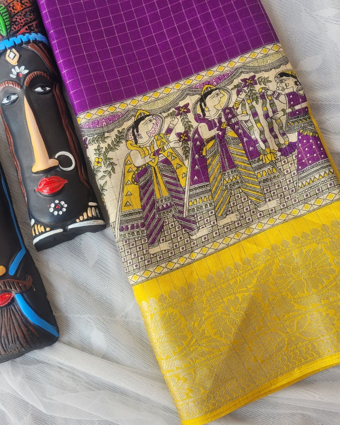 Semi Dola Silk Madhubani Digital Printed Saree - Yellow & Purple Border