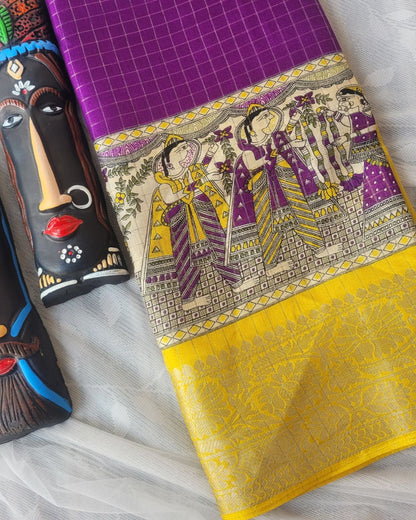 Semi Dola Silk Madhubani Digital Printed Saree - Yellow & Purple Border