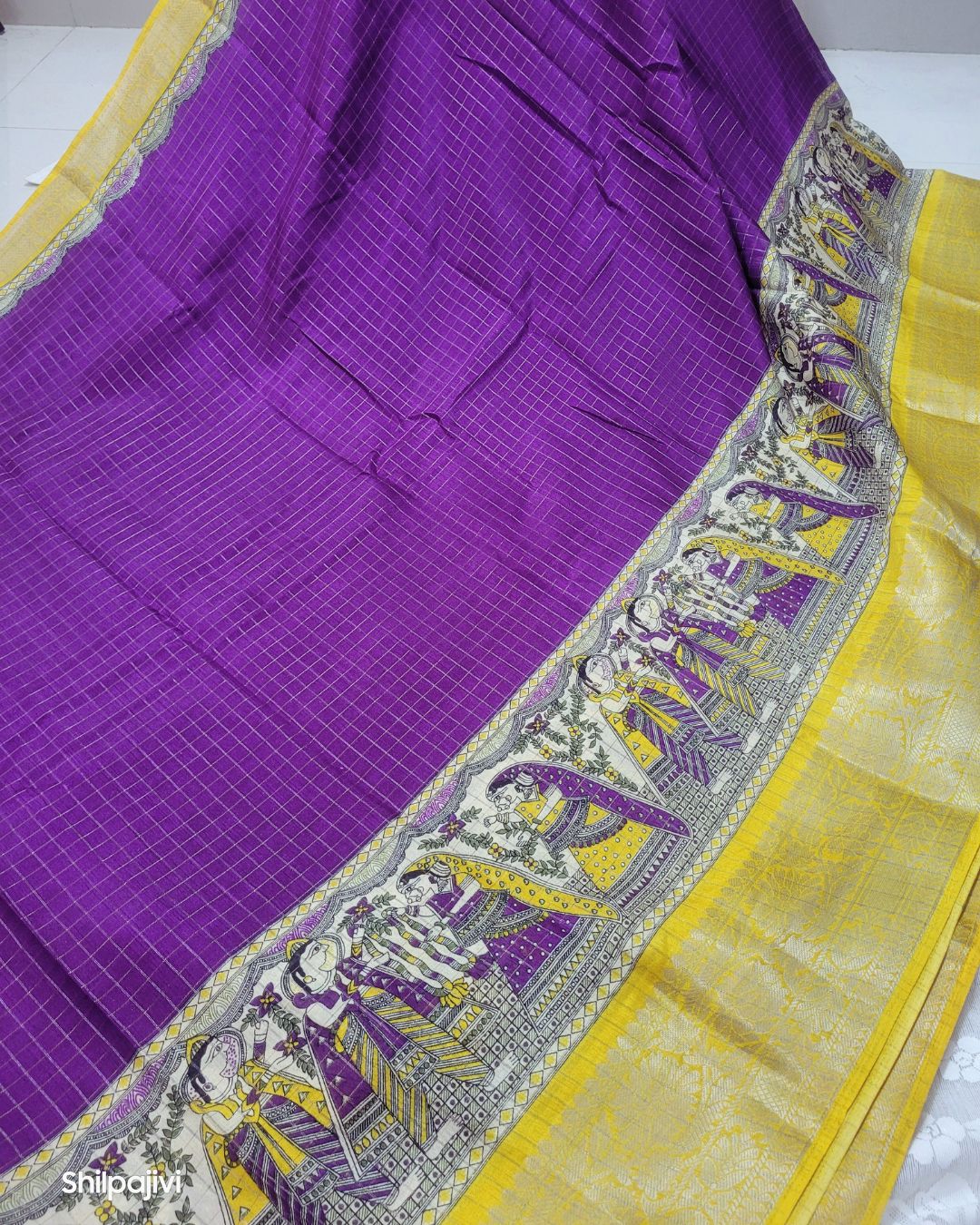 Semi Dola Silk Madhubani Digital Printed Saree - Yellow & Purple Border