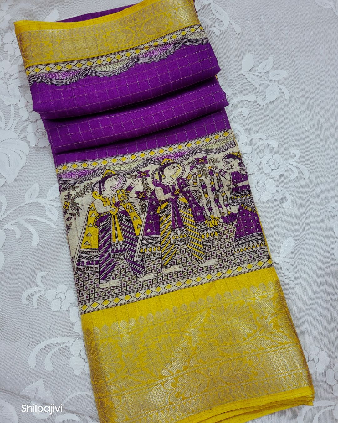 Semi Dola Silk Madhubani Digital Printed Saree - Yellow & Purple Border