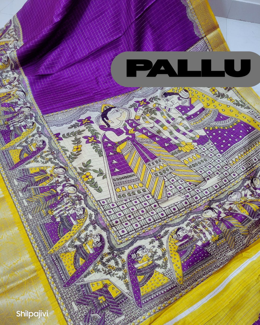 Semi Dola Silk Madhubani Digital Printed Saree - Yellow & Purple Border