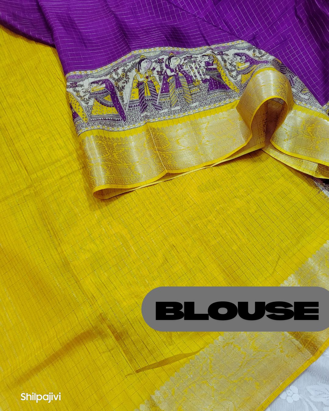 Semi Dola Silk Madhubani Digital Printed Saree - Yellow & Purple Border