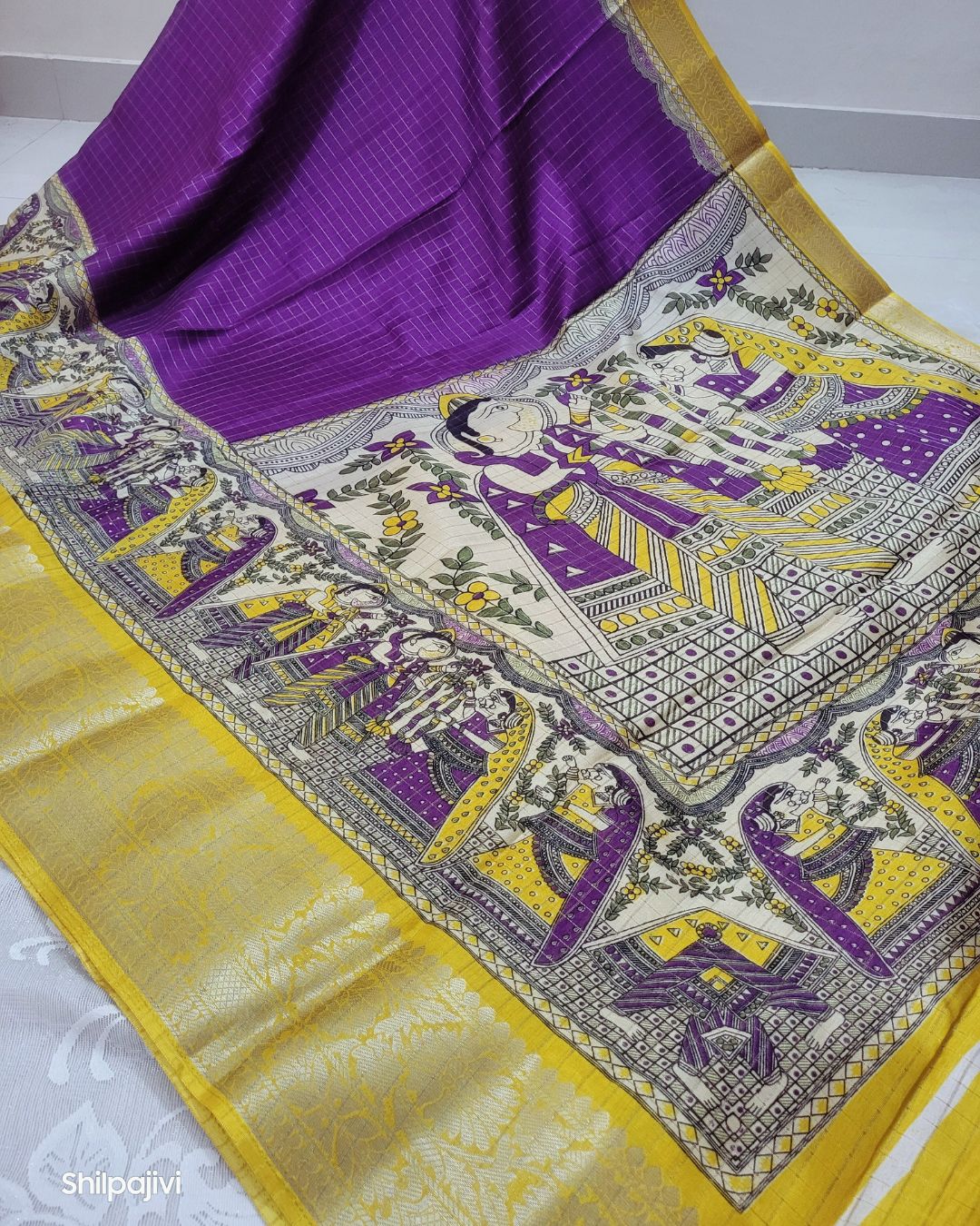 Semi Dola Silk Madhubani Digital Printed Saree - Yellow & Purple Border