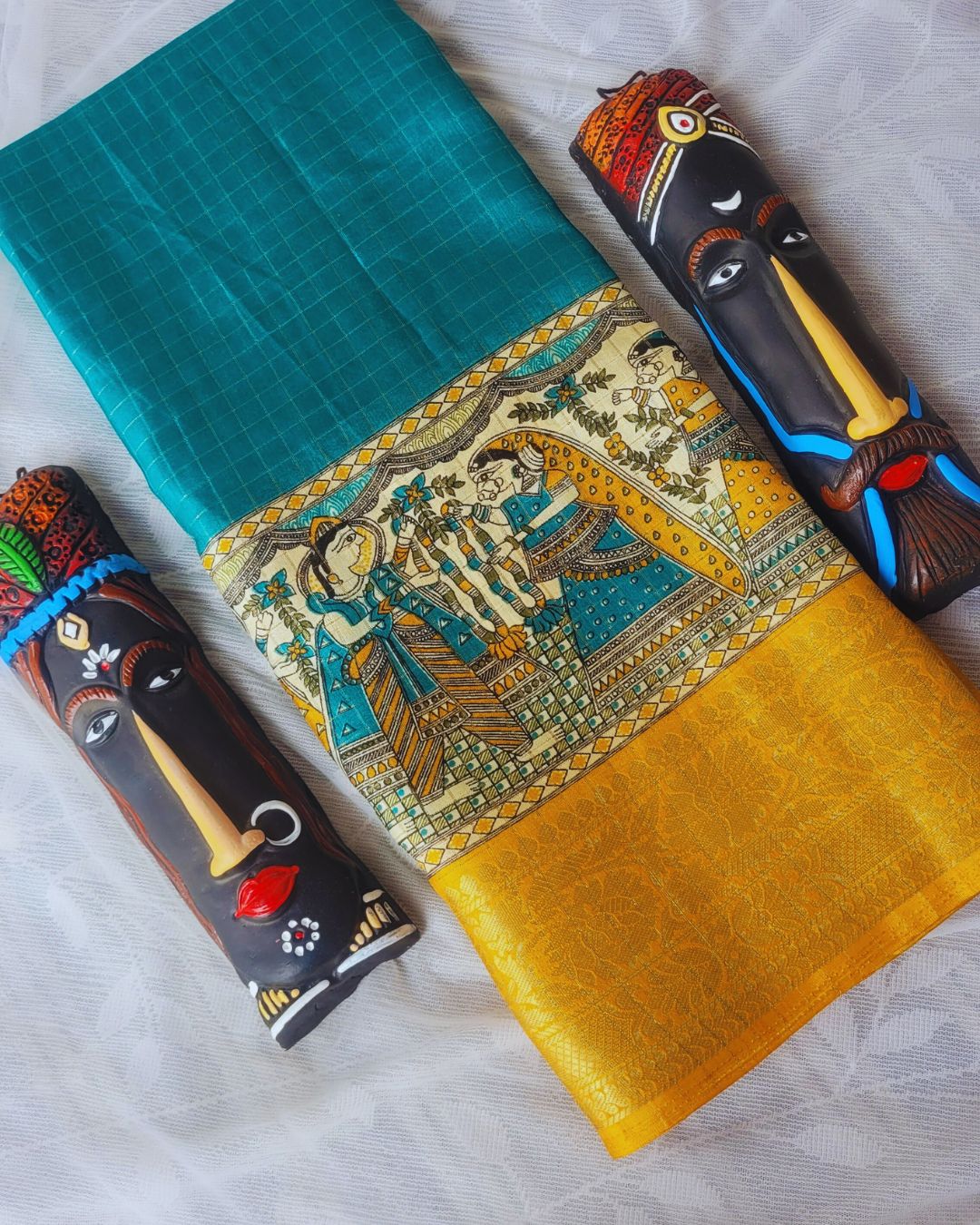Semi Dola Silk Digital Printed Madhubani Border Saree - Sea Blue Body & Yellow Border