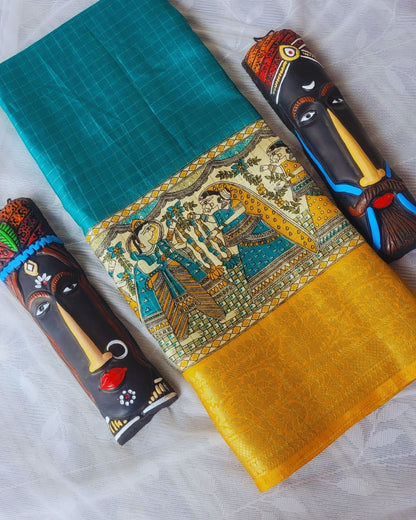 Semi Dola Silk Digital Printed Madhubani Border Saree - Sea Blue Body & Yellow Border
