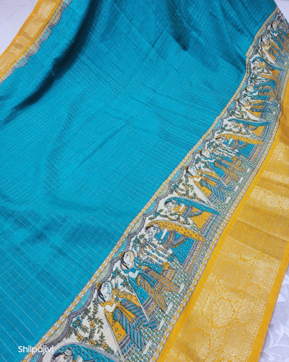 Semi Dola Silk Digital Printed Madhubani Border Saree - Sea Blue Body & Yellow Border