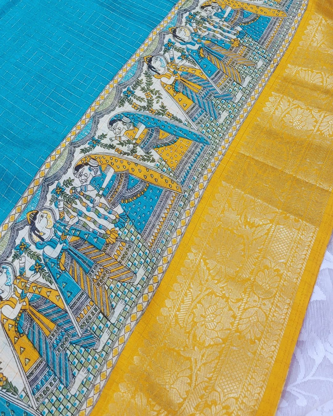 Semi Dola Silk Digital Printed Madhubani Border Saree - Sea Blue Body & Yellow Border