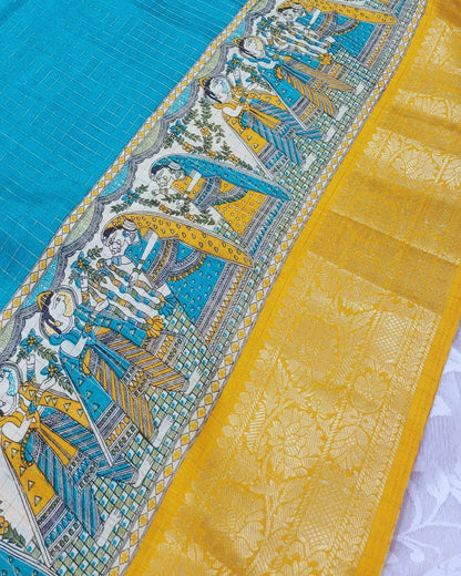 Semi Dola Silk Digital Printed Madhubani Border Saree - Sea Blue Body & Yellow Border