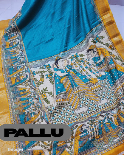 Semi Dola Silk Digital Printed Madhubani Border Saree - Sea Blue Body & Yellow Border