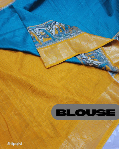 Semi Dola Silk Digital Printed Madhubani Border Saree - Sea Blue Body & Yellow Border