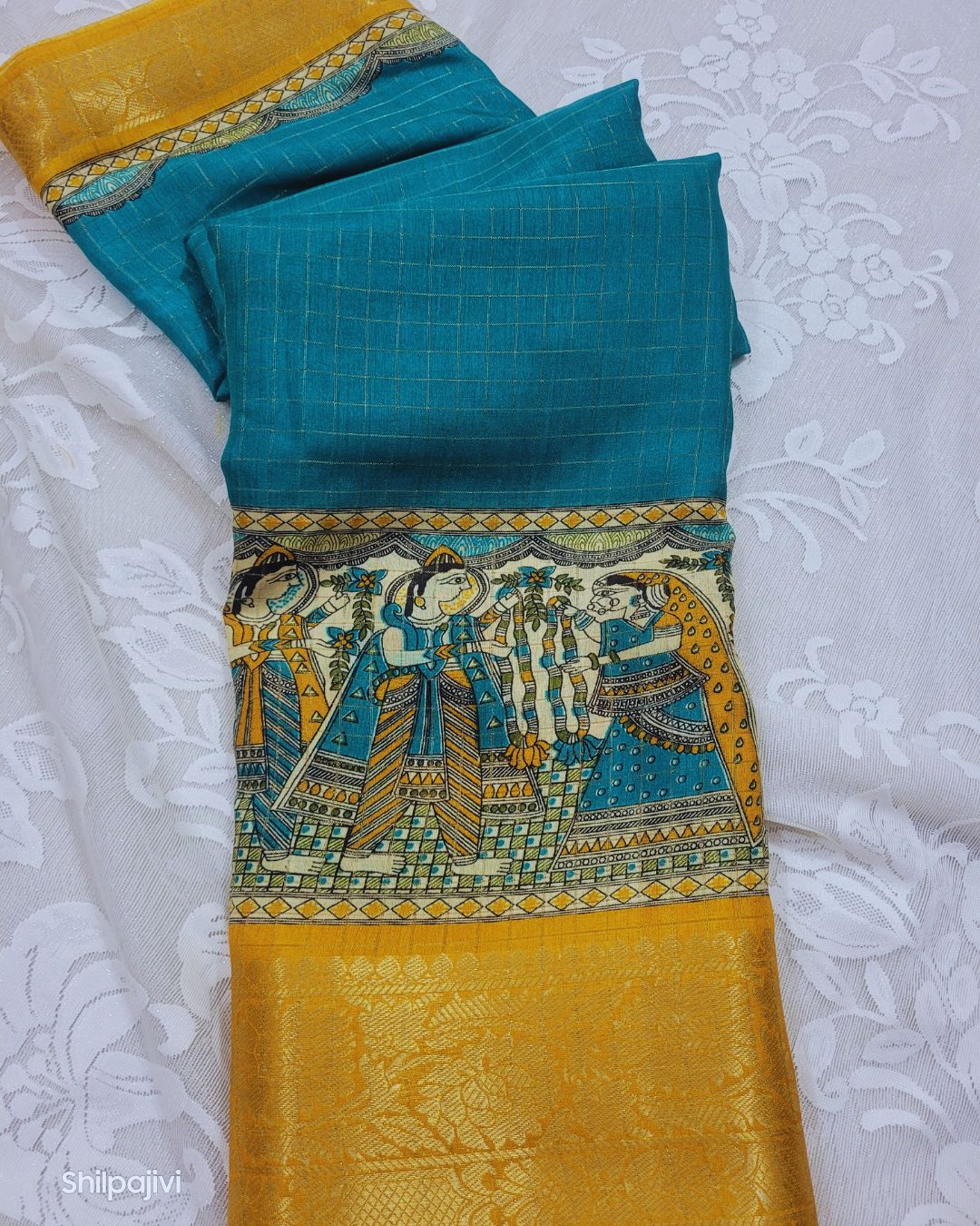 Semi Dola Silk Digital Printed Madhubani Border Saree - Sea Blue Body & Yellow Border