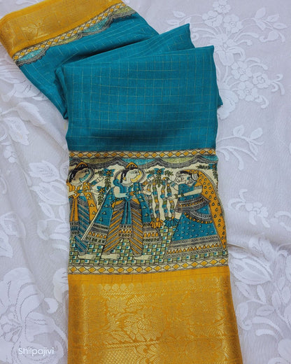 Semi Dola Silk Digital Printed Madhubani Border Saree - Sea Blue Body & Yellow Border