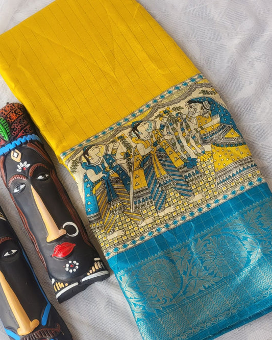 Semi Dola Silk Digital Printed Madhubani Border Saree - Yellow Body & Blue Border